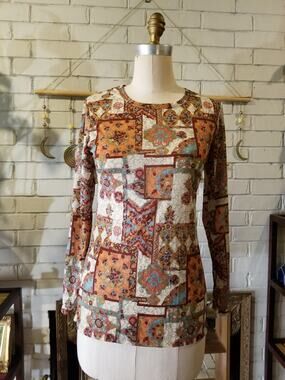 Vintage 70s Elles Belles Mosaic Tile Print Crewneck Top Orange Blue S